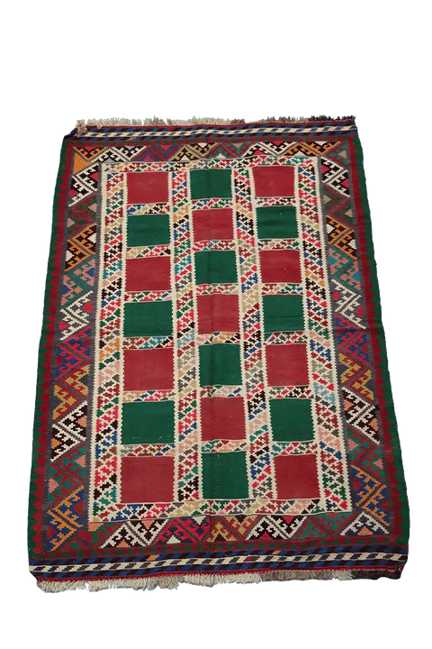 240x150 cm Shiraz Tribal Kilim Tribal Wool Rugs Hand Knotted Red Green - Rugoutlet