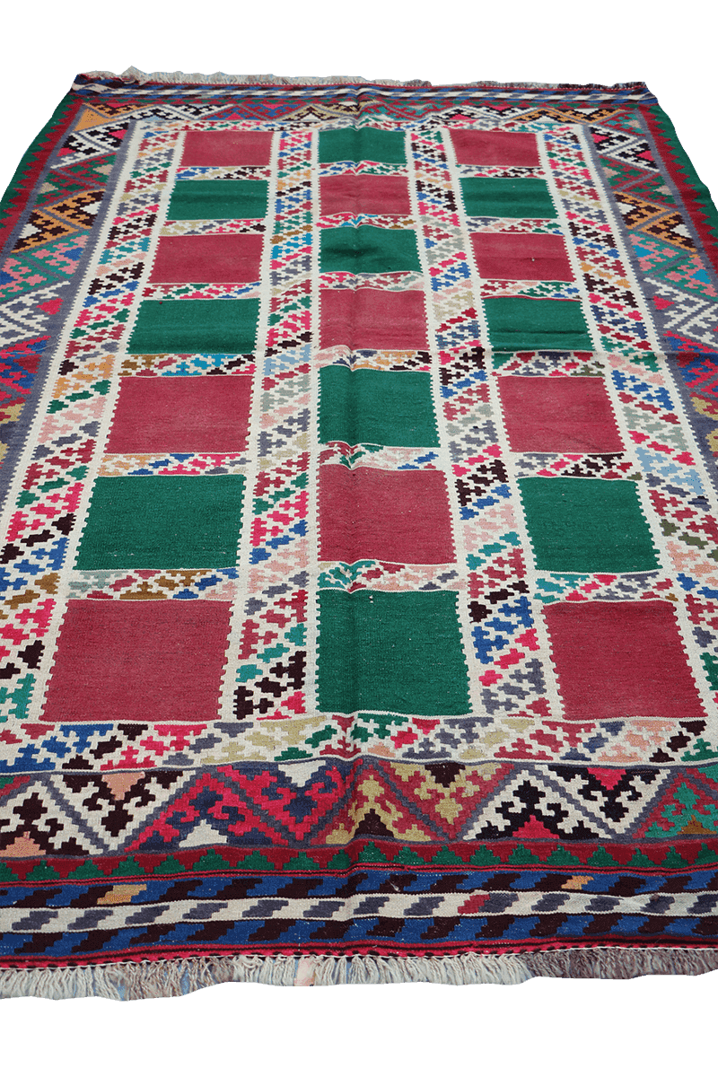 240x150 cm Shiraz Tribal Kilim Tribal Wool Rugs Hand Knotted Red Green - Rugoutlet