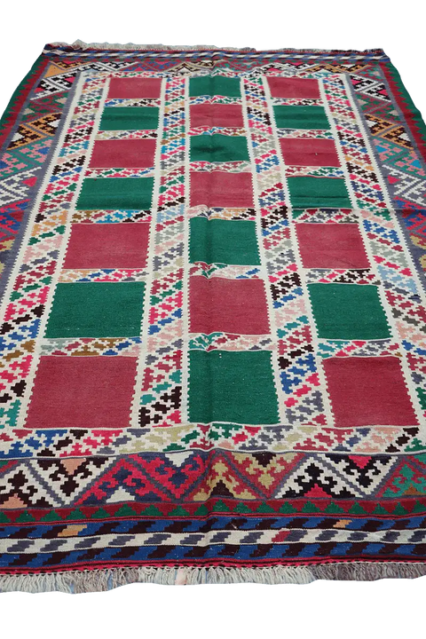 240x150 cm Shiraz Tribal Kilim Tribal Wool Rugs Hand Knotted Red Green - Rugoutlet