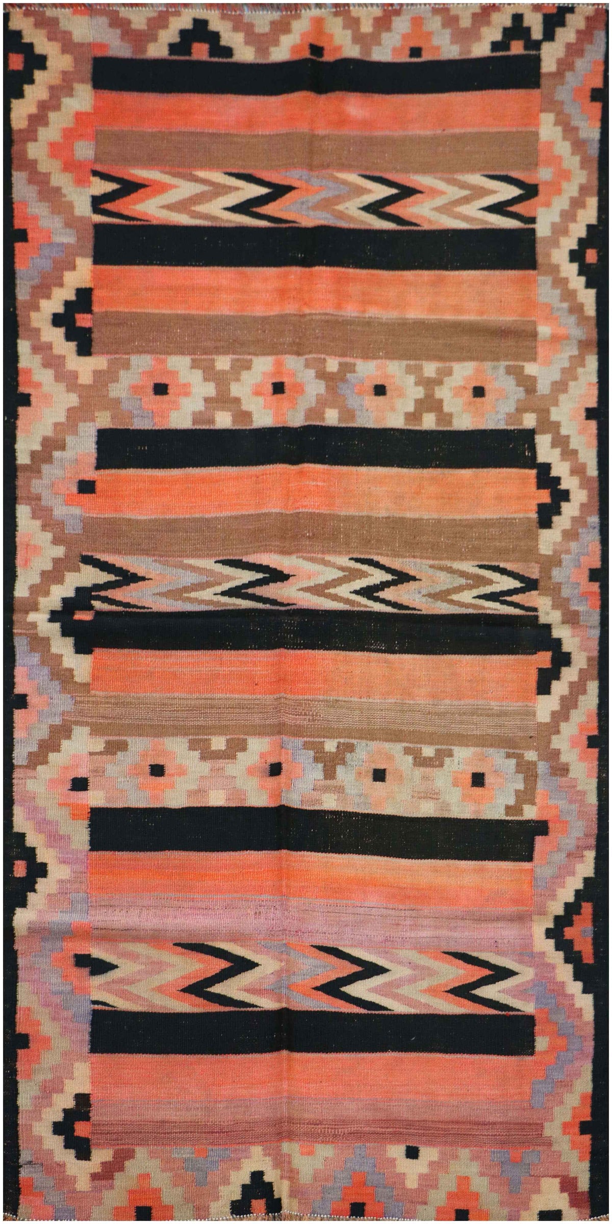 255x118 cm Qashqai Kilim Tribal Wool Rugs Hand Knotted Black Orange - Rugoutlet