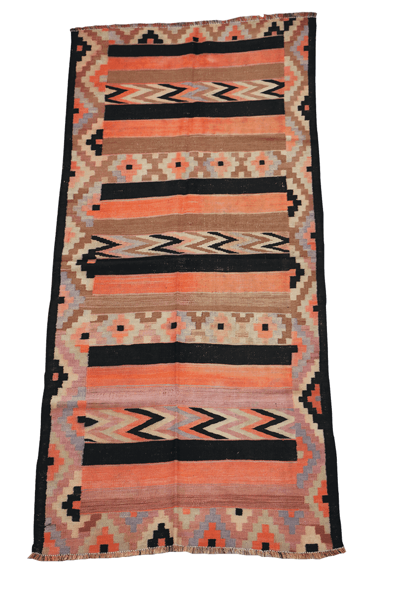 255x118 cm Qashqai Kilim Tribal Wool Rugs Hand Knotted Black Orange - Rugoutlet