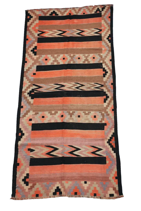 255x118 cm Qashqai Kilim Tribal Wool Rugs Hand Knotted Black Orange - Rugoutlet