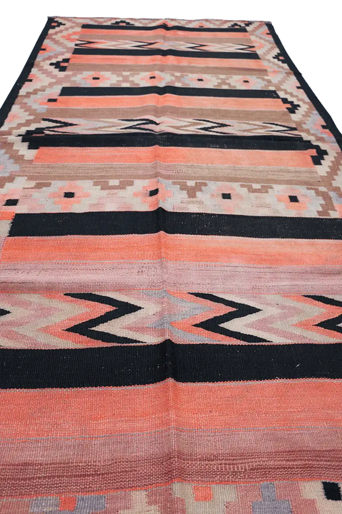 255x118 cm Qashqai Kilim Tribal Wool Rugs Hand Knotted Black Orange - Rugoutlet