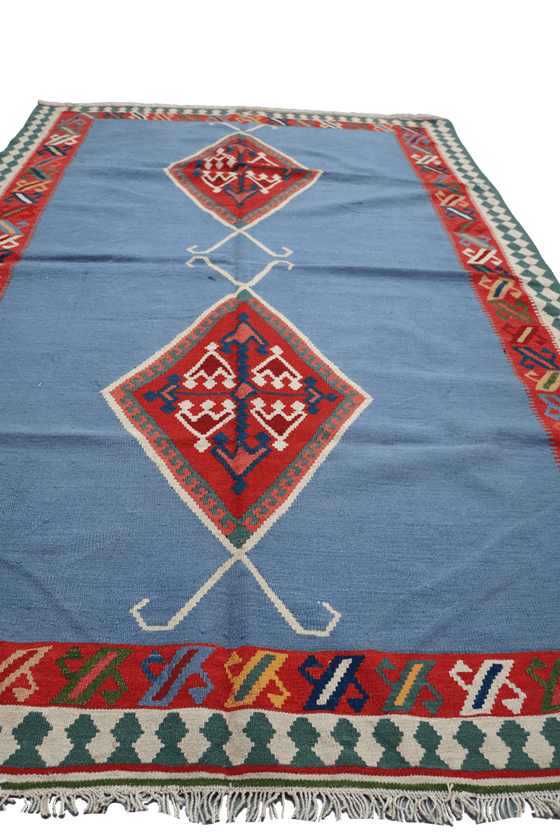 235x153 cm Qashqai Kilim Tribal Wool Rugs Hand Knotted Sky Blue - Rugoutlet