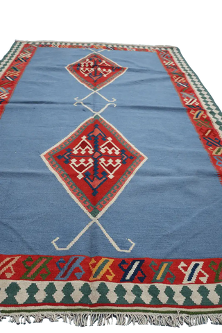 235x153 cm Qashqai Kilim Tribal Wool Rugs Hand Knotted Sky Blue - Rugoutlet