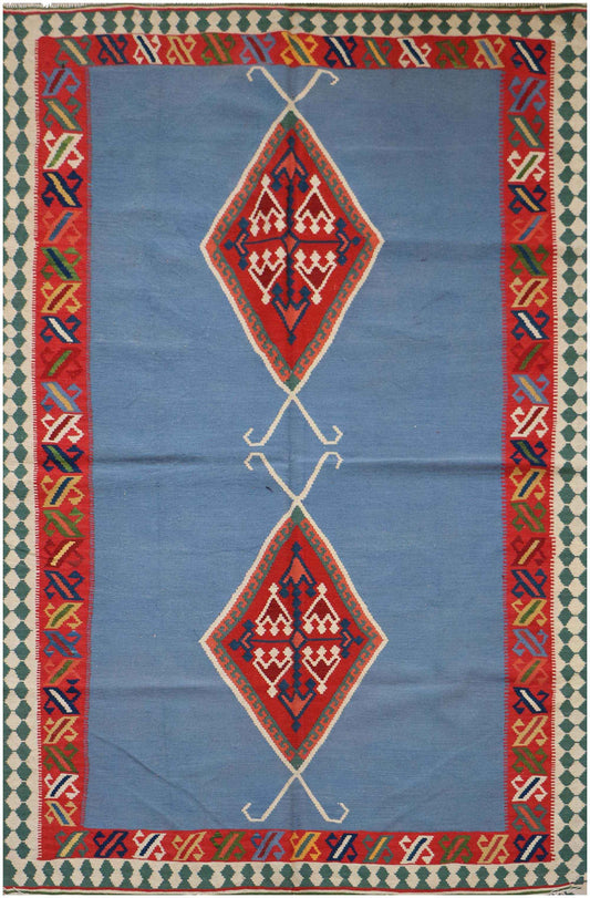 235x153 cm Qashqai Kilim Tribal Wool Rugs Hand Knotted Sky Blue