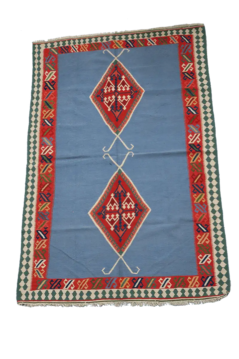 235x153 cm Qashqai Kilim Tribal Wool Rugs Hand Knotted Sky Blue - Rugoutlet