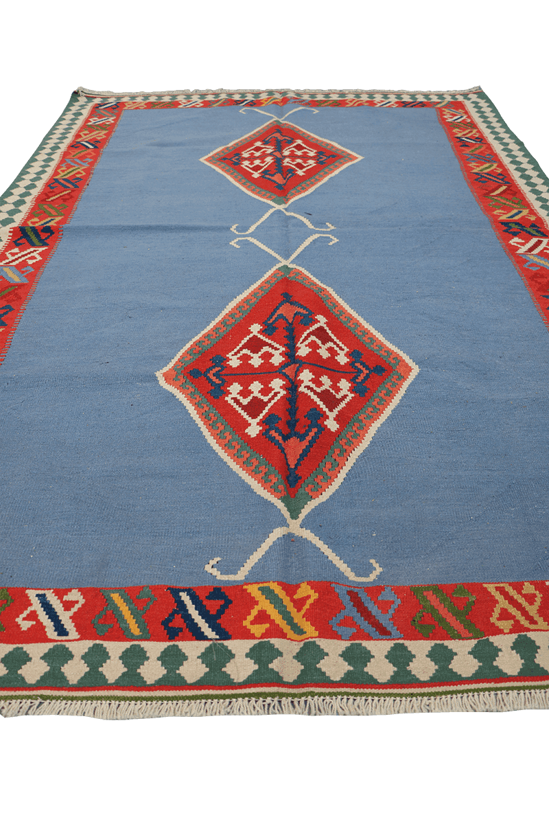 235x153 cm Qashqai Kilim Tribal Wool Rugs Hand Knotted Sky Blue - Rugoutlet