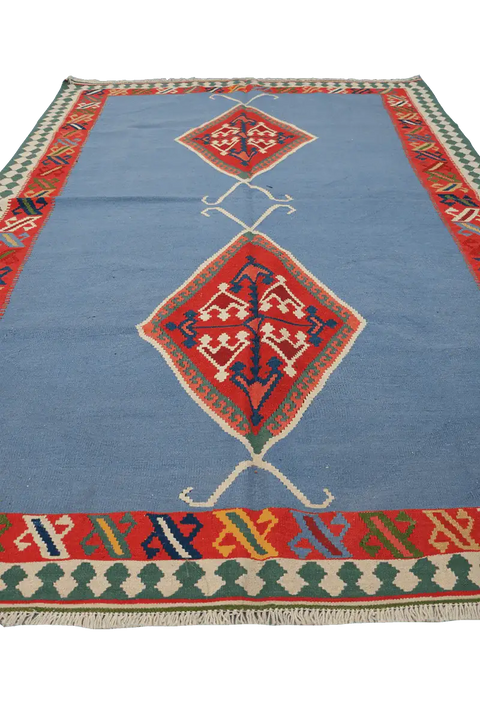 235x153 cm Qashqai Kilim Tribal Wool Rugs Hand Knotted Sky Blue - Rugoutlet