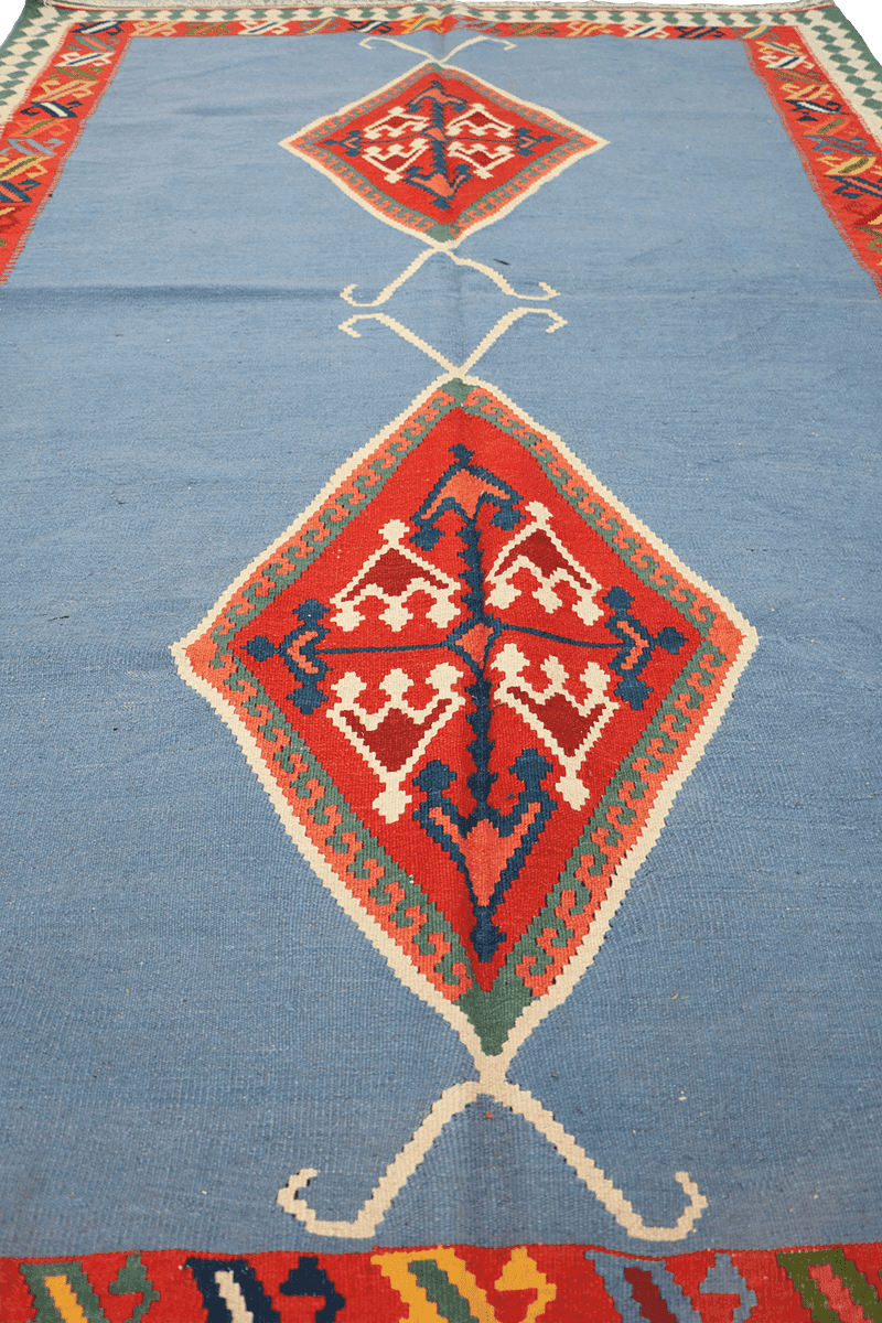 235x153 cm Qashqai Kilim Tribal Wool Rugs Hand Knotted Sky Blue - Rugoutlet