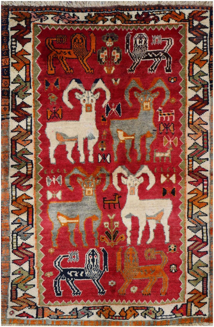 181x115 cm Qashqai Tribal Wool Rugs Hand Knotted Red - Rugoutlet