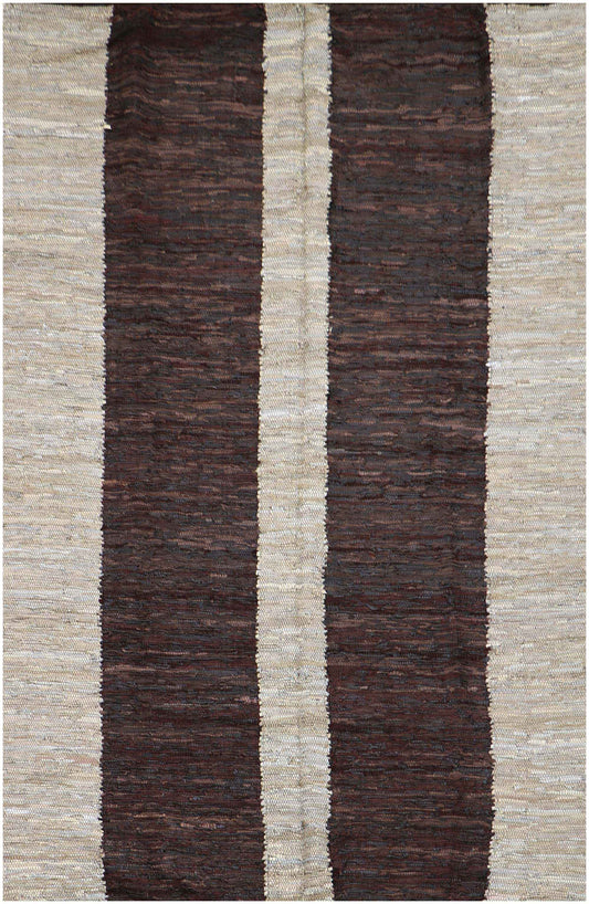 464x146 cm Modern Leather Kilim Tribal Wool Rugs Hand Knotted Brown Beige