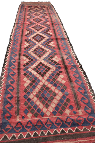 385x85 cm Afghan Kilim Runner Tribal Wool Rugs Hand Knotted Purple Peach - Rugoutlet