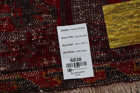 330x158cm Anatolian wool Kilim Sumak (Soumak) Handmade red and green - Rugoutlet