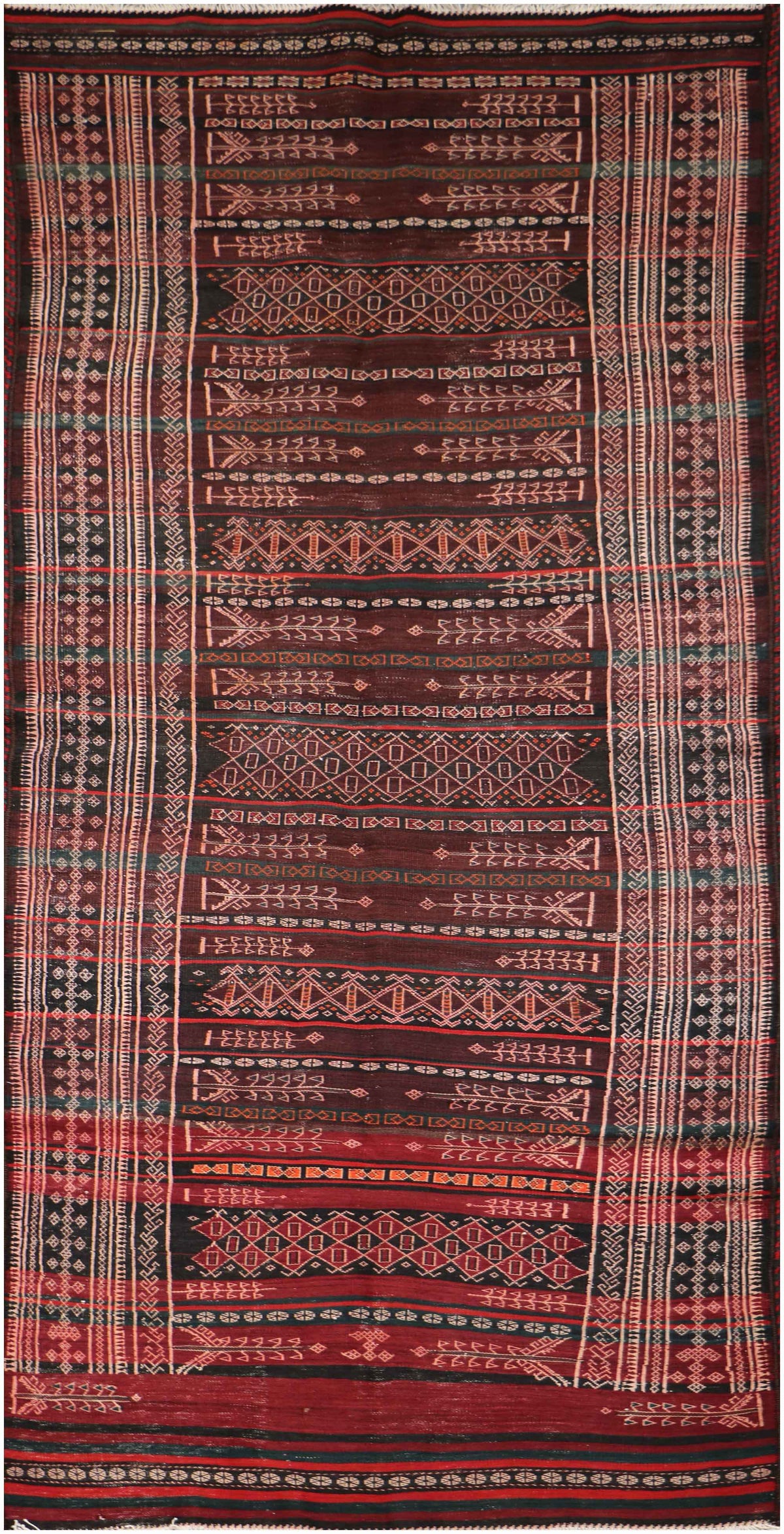 350x100 cm Baluch Sumak Kilim Tribal Wool Rug Handmade Maroon - Rugoutlet