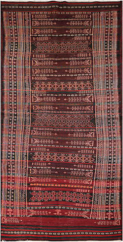 350x100 cm Baluch Sumak Kilim Tribal Wool Rug Handmade Maroon - Rugoutlet