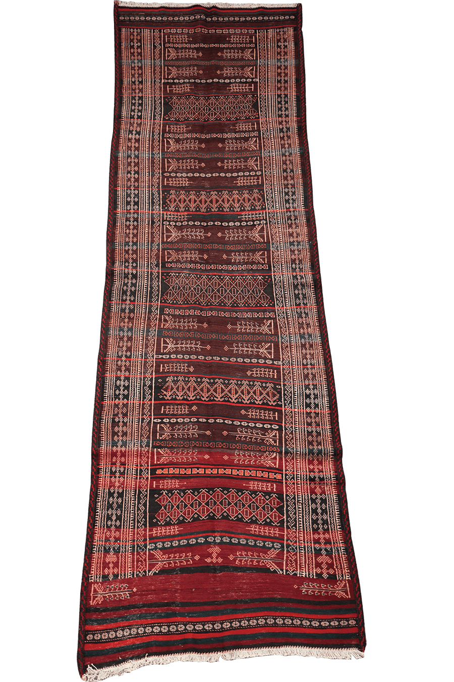 350x100 cm Baluch Sumak Kilim Tribal Wool Rug Handmade Maroon - Rugoutlet