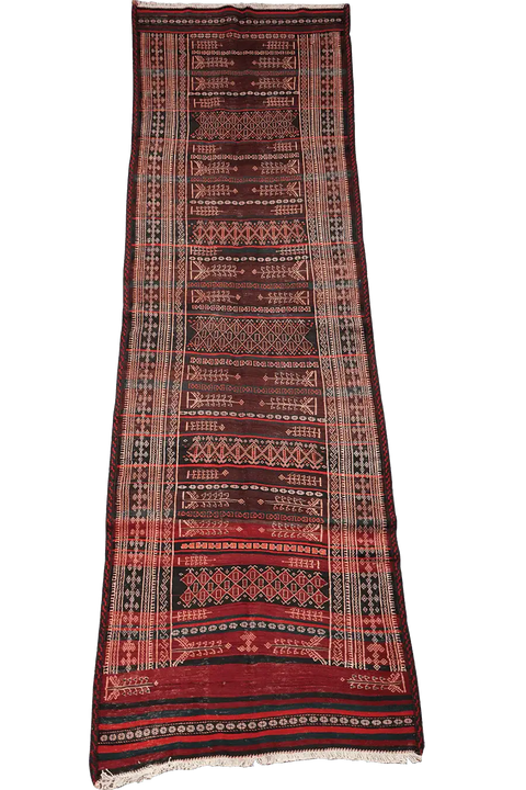 350x100 cm Baluch Sumak Kilim Tribal Wool Rug Handmade Maroon - Rugoutlet