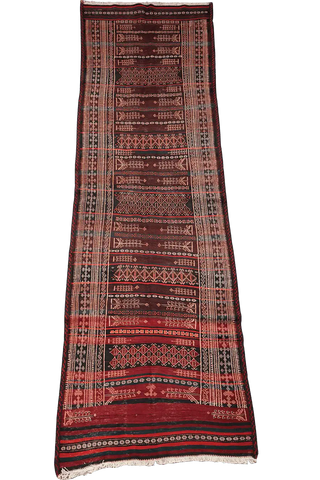350x100 cm Baluch Sumak Kilim Tribal Wool Rug Handmade Maroon - Rugoutlet