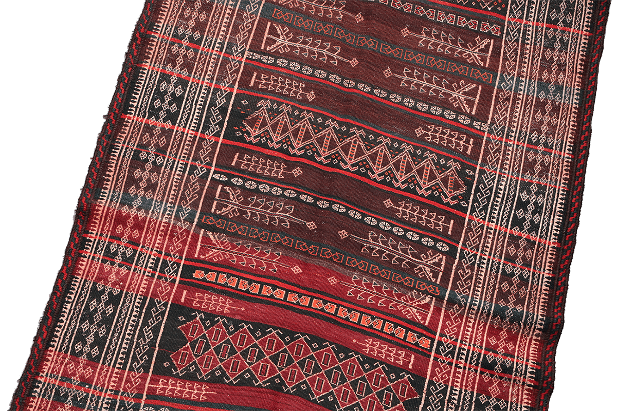 350x100 cm Baluch Sumak Kilim Tribal Wool Rug Handmade Maroon - Rugoutlet