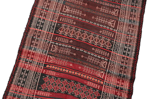 350x100 cm Baluch Sumak Kilim Tribal Wool Rug Handmade Maroon - Rugoutlet