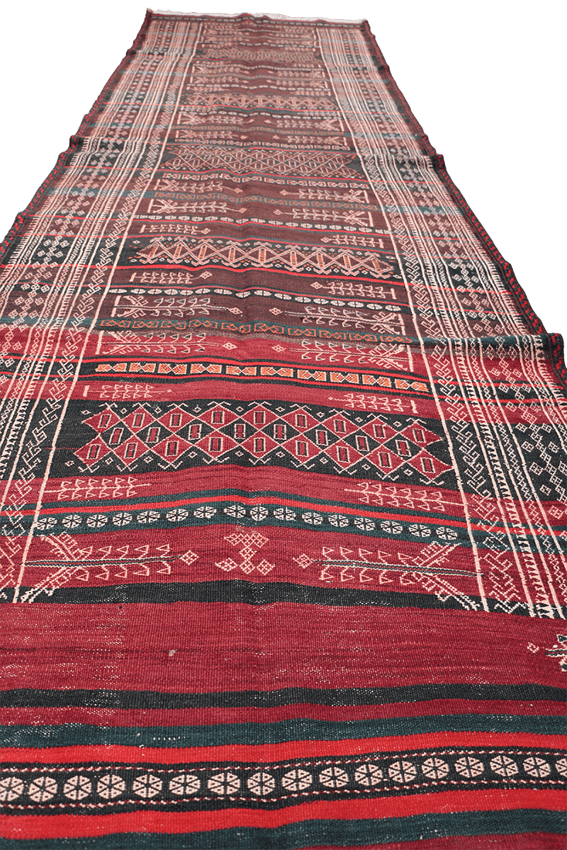 350x100 cm Baluch Sumak Kilim Tribal Wool Rug Handmade Maroon - Rugoutlet