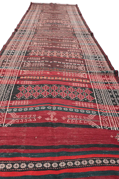350x100 cm Baluch Sumak Kilim Tribal Wool Rug Handmade Maroon - Rugoutlet