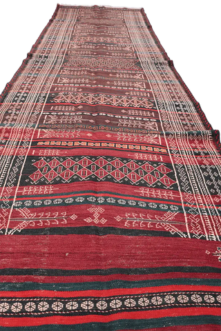 350x100 cm Baluch Sumak Kilim Tribal Wool Rug Handmade Maroon - Rugoutlet