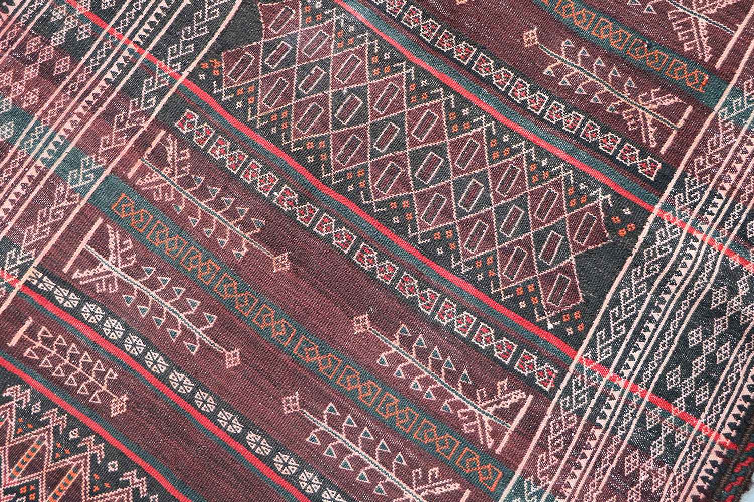 350x100 cm Baluch Sumak Kilim Tribal Wool Rug Handmade Maroon - Rugoutlet