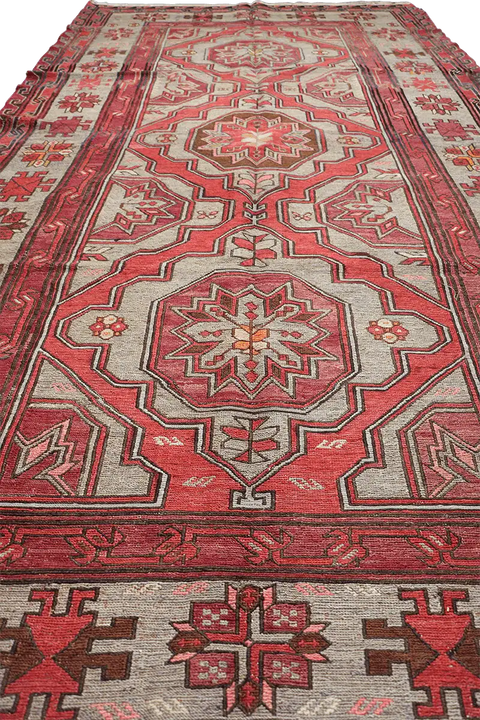 320x165 cm Anatolian Kilim Sumak Tribal Wool Rug Handmade Red Grey - Rugoutlet