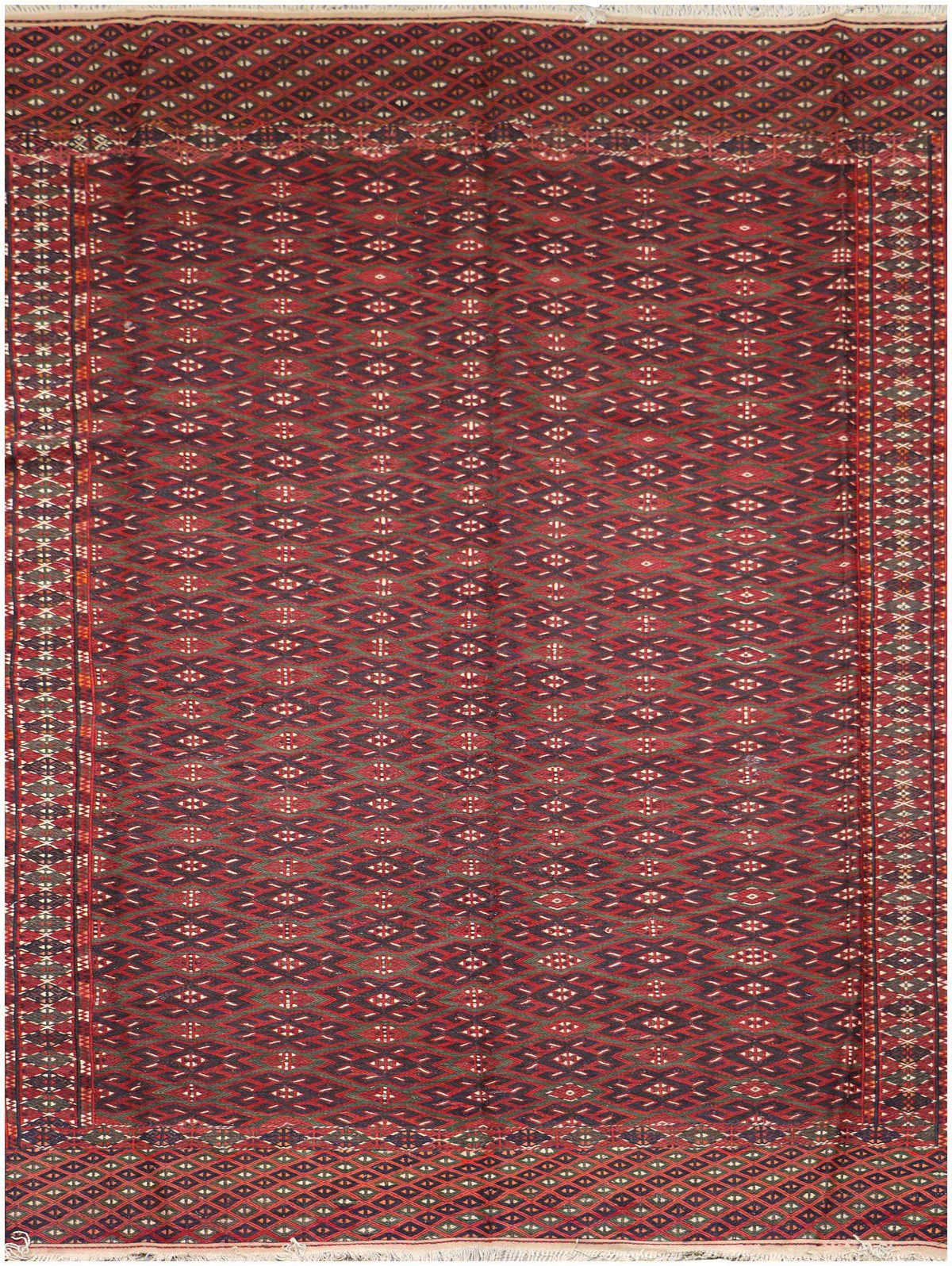 342x199 cm Antique Afghan Fine Sumak Tribal Wool Rug Handmade Maroon - Rugoutlet