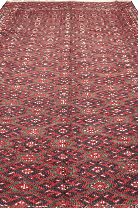 342x199 cm Antique Afghan Fine Sumak Tribal Wool Rug Handmade Maroon - Rugoutlet