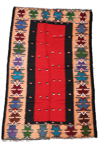 124x211cm Turkish Kilim Handmade Tribal Wool Rug Red - Rugoutlet