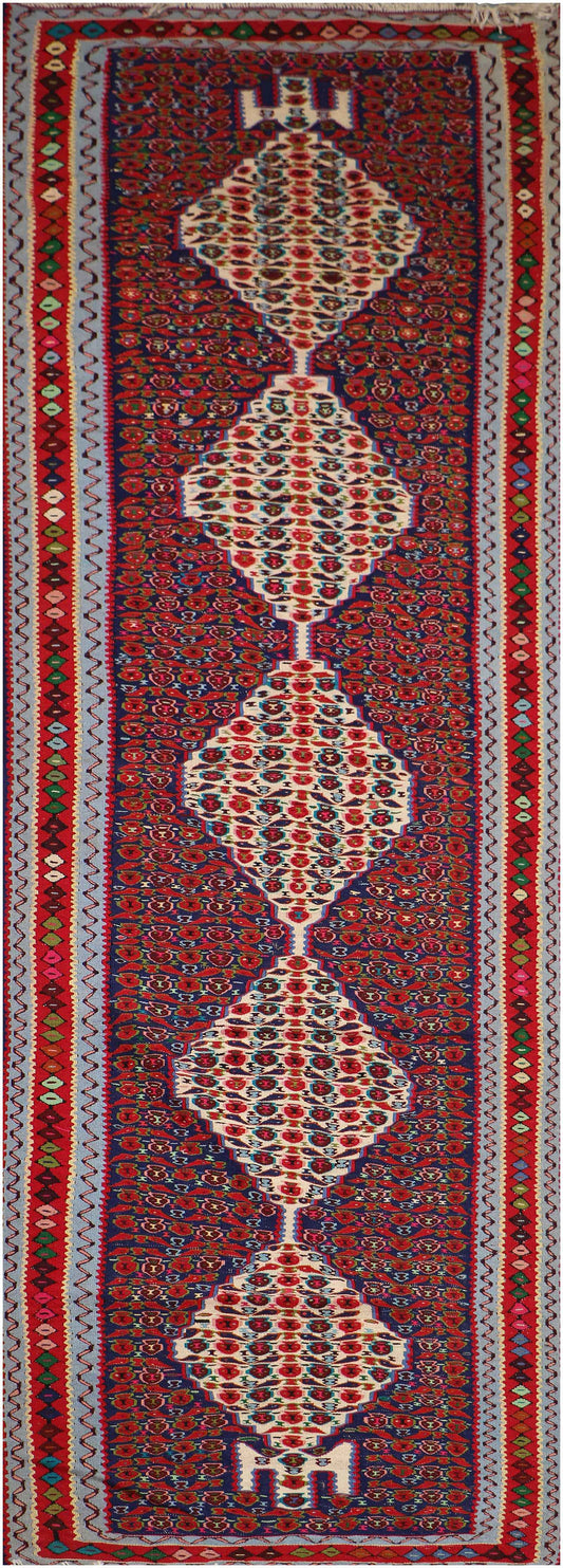 295x92 cm Fine Kilim Senneh Tribal Wool Rug Handmade Maroon