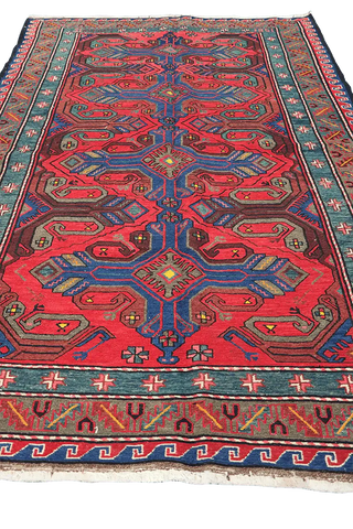 239x153 cm Turkish Kilim Sumak Tribal Wool Rug Handmade Red Grey - Rugoutlet