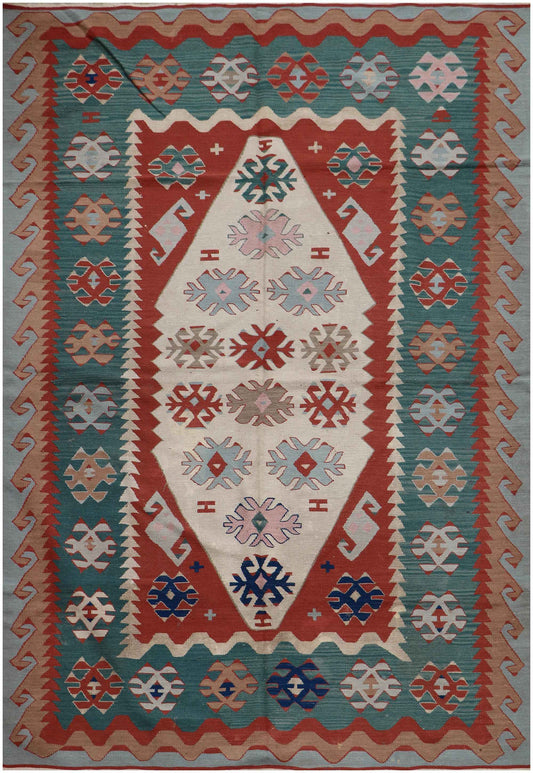 280x190 cm Anatolian Tribal Wool Rug Handmade Kilim Red Grey