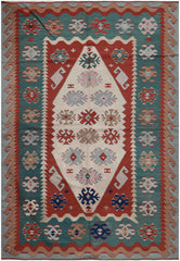 280x190 cm Anatolian Tribal Wool Rug Handmade Kilim Red Grey - Rugoutlet