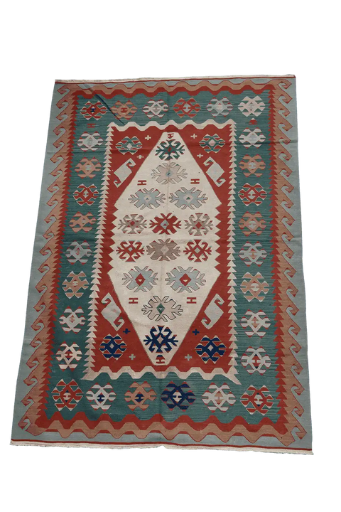 280x190 cm Anatolian Tribal Wool Rug Handmade Kilim Red Grey - Rugoutlet