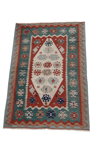 280x190 cm Anatolian Tribal Wool Rug Handmade Kilim Red Grey - Rugoutlet