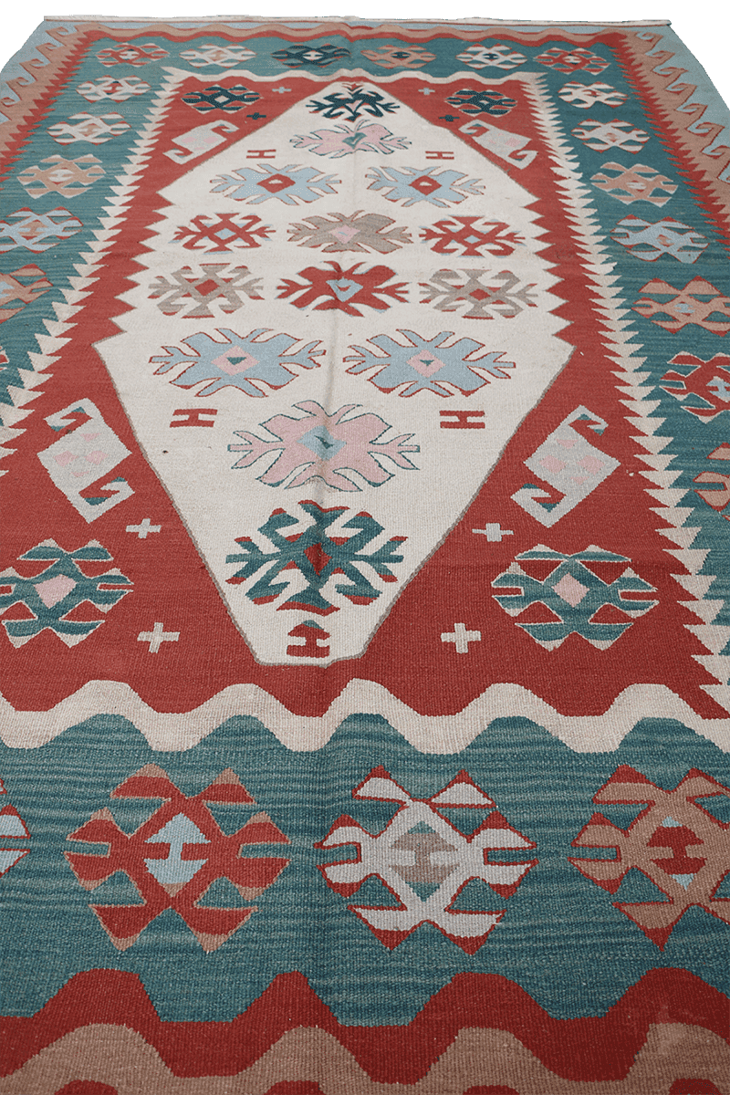 280x190 cm Anatolian Tribal Wool Rug Handmade Kilim Red Grey - Rugoutlet