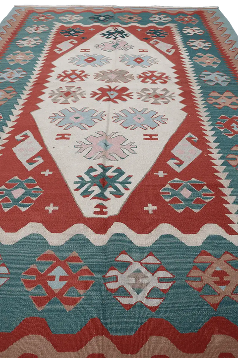 280x190 cm Anatolian Tribal Wool Rug Handmade Kilim Red Grey - Rugoutlet