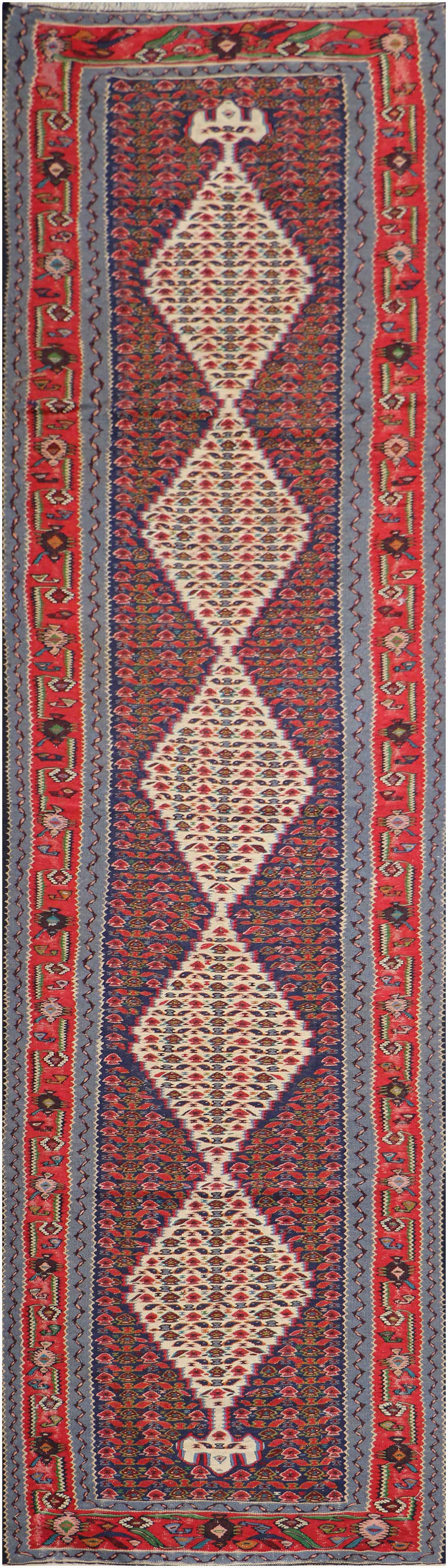 279x84 cm Fine Kilim Seneh Tribal Wool Rug Handmade Purple Red - Rugoutlet