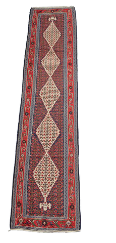 279x84 cm Fine Kilim Seneh Tribal Wool Rug Handmade Purple Red - Rugoutlet