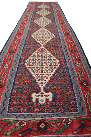 279x84 cm Fine Kilim Seneh Tribal Wool Rug Handmade Purple Red - Rugoutlet