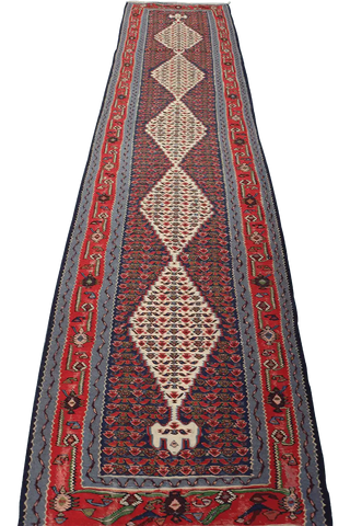 279x84 cm Fine Kilim Seneh Tribal Wool Rug Handmade Purple Red - Rugoutlet