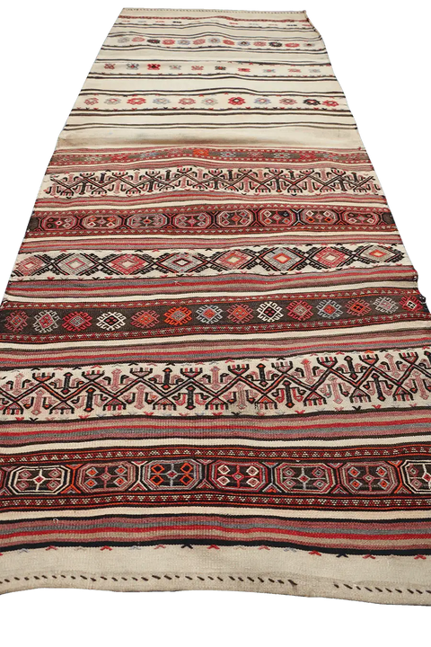 220x80 cm Antique Saddle Bag Runner Tribal Wool Rug Handmade Beige Red - Rugoutlet