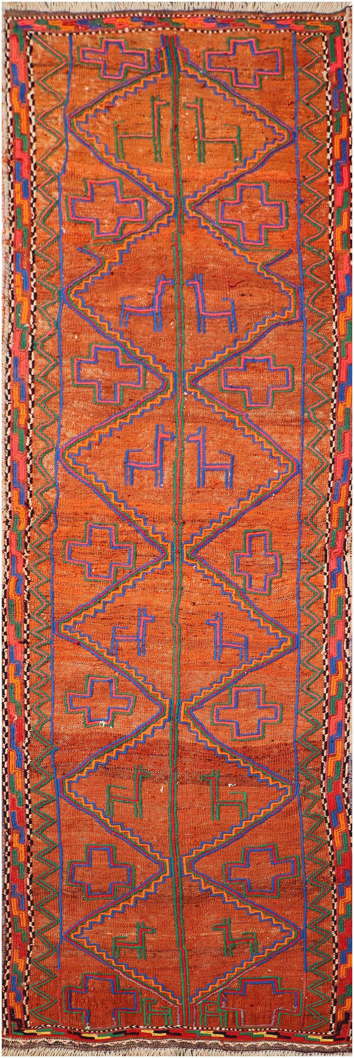 235x73 cm Baluch Kilim Sumak Wool Rug Handmade Orange - Rugoutlet