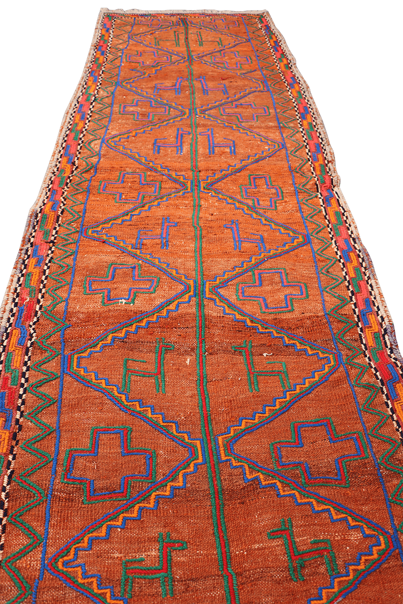 235x73 cm Baluch Kilim Sumak Wool Rug Handmade Orange - Rugoutlet