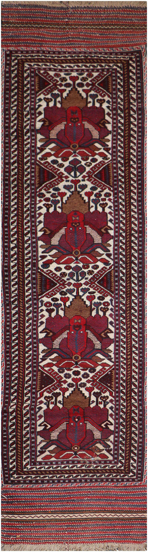 352x80 cm Afghan Mushwani Kilim Runner Wool Rug Handmade Maroon Pink - Rugoutlet