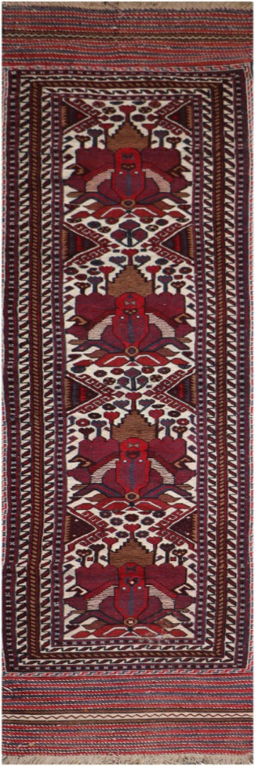 352x80 cm Afghan Mushwani Kilim Runner Wool Rug Handmade Maroon Pink - Rugoutlet